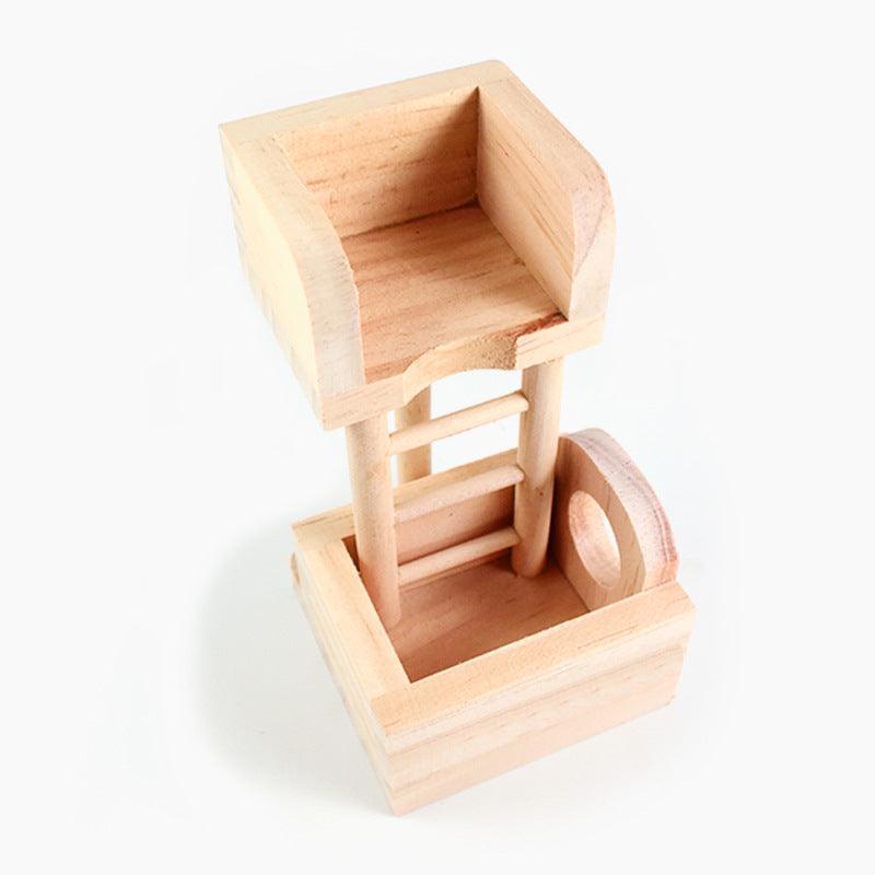Hamster Lookout Small Pet Toy Stairs Solid Wood Nest House Cage Villa Building Ladder - Dog Hugs Cat