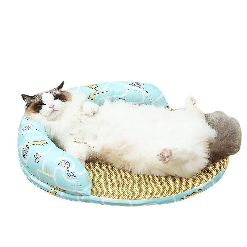 New Summer Cool Pet Sofa Beds Weaving Rattan Pillow To Lean On Mat Cat Dog Nest Etachable Prevent Cervical Spondylosis Pet Bed - Dog Hugs Cat