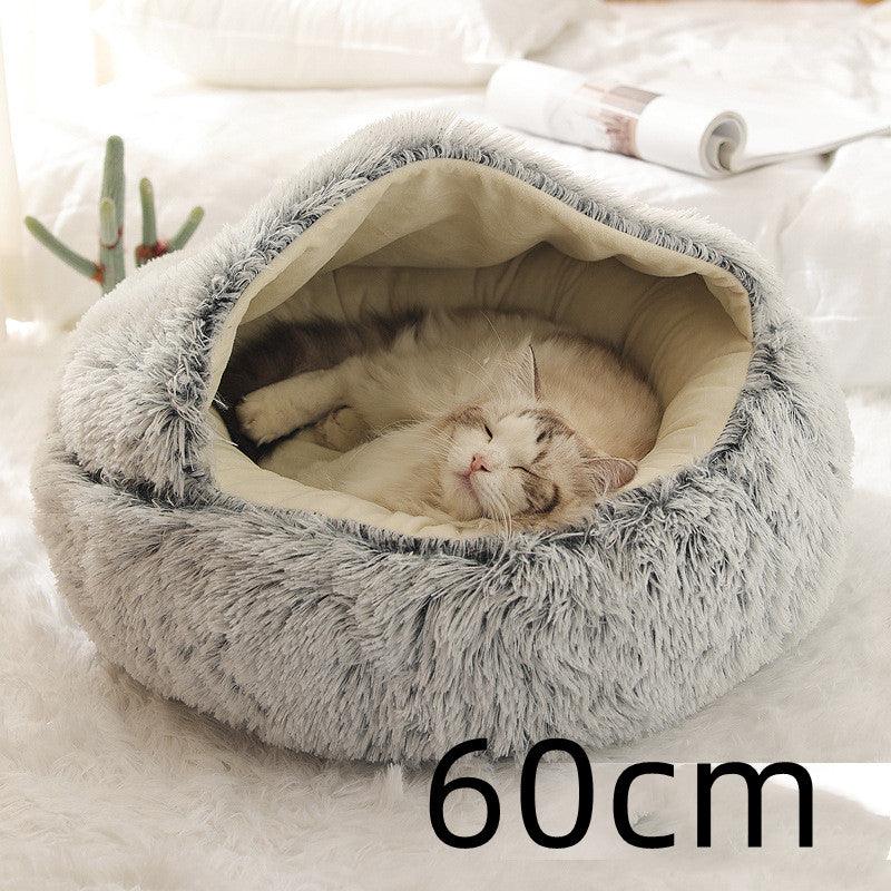 Pet Bed Round Plush Warm Bed House Soft Long Plush Bed 2 In 1 Bed - Dog Hugs Cat