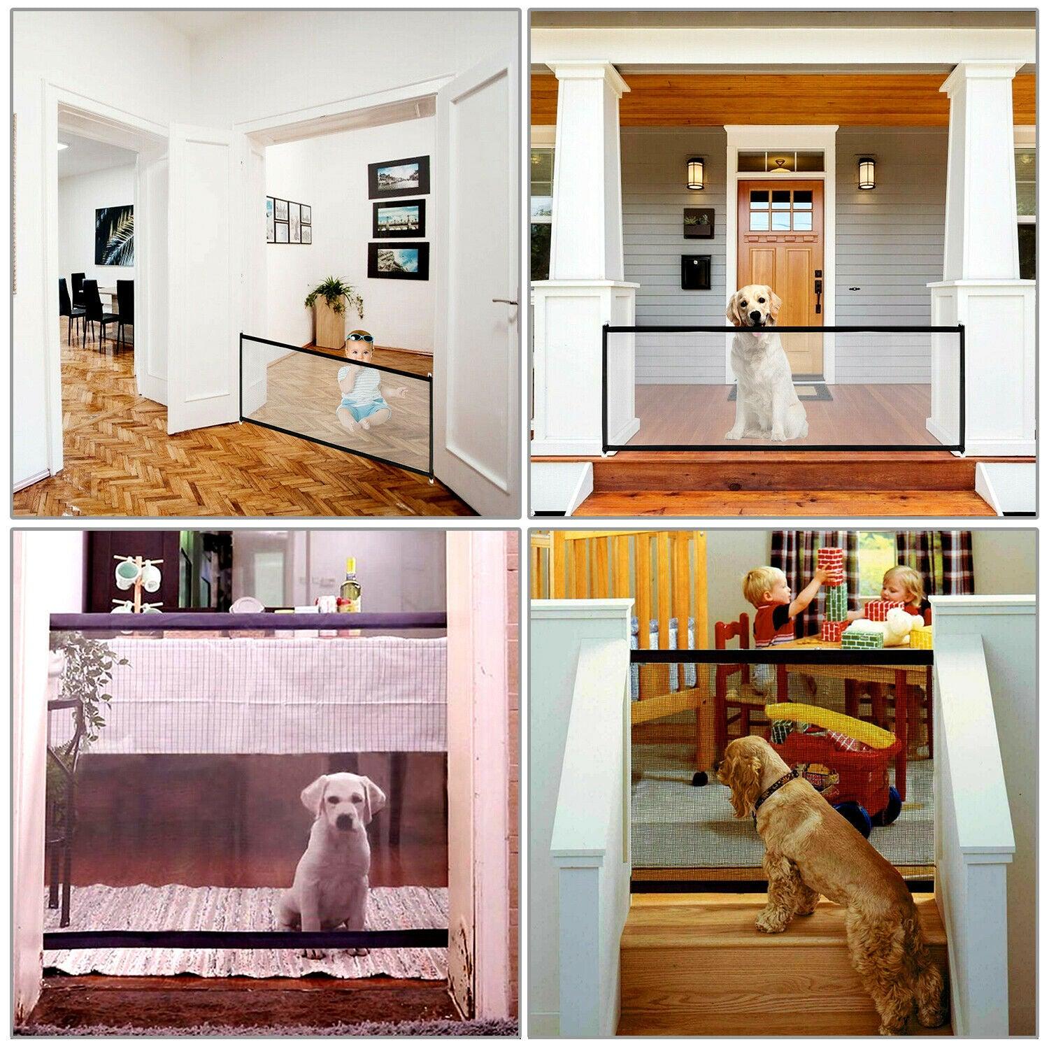 Pets Dog Cat Baby Safety Gate Mesh Fence Magic Portable Guard Net Stairs Doors - Dog Hugs Cat
