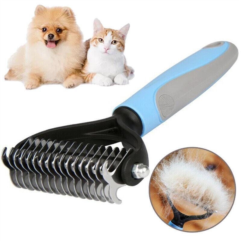 Grooming Brush For Pet Dog Cat Deshedding Tool Rake Comb Fur Remover Reduce 2-Side Dematting Tool For Dogs Cats Pets Grooming Brush Double Sided Shedding And Dematting Undercoat Rake Hair Removal Comb - Dog Hugs Cat