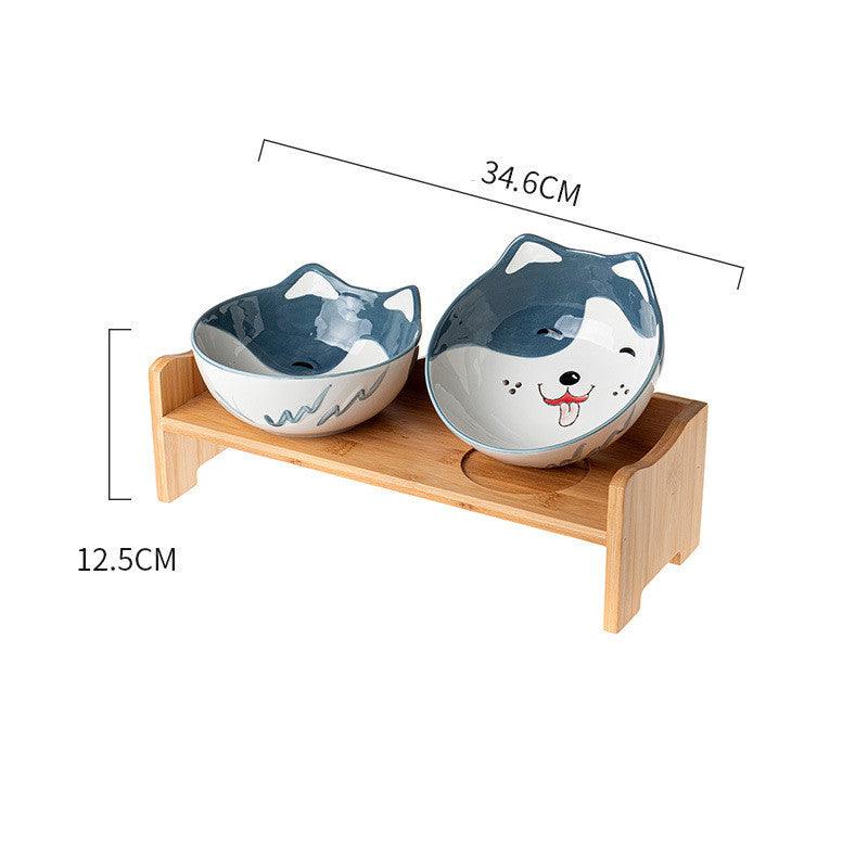 Ceramic Cat Bowl Shelf Protects The Cervical Spine, High Feet And Double Bowls - Dog Hugs Cat