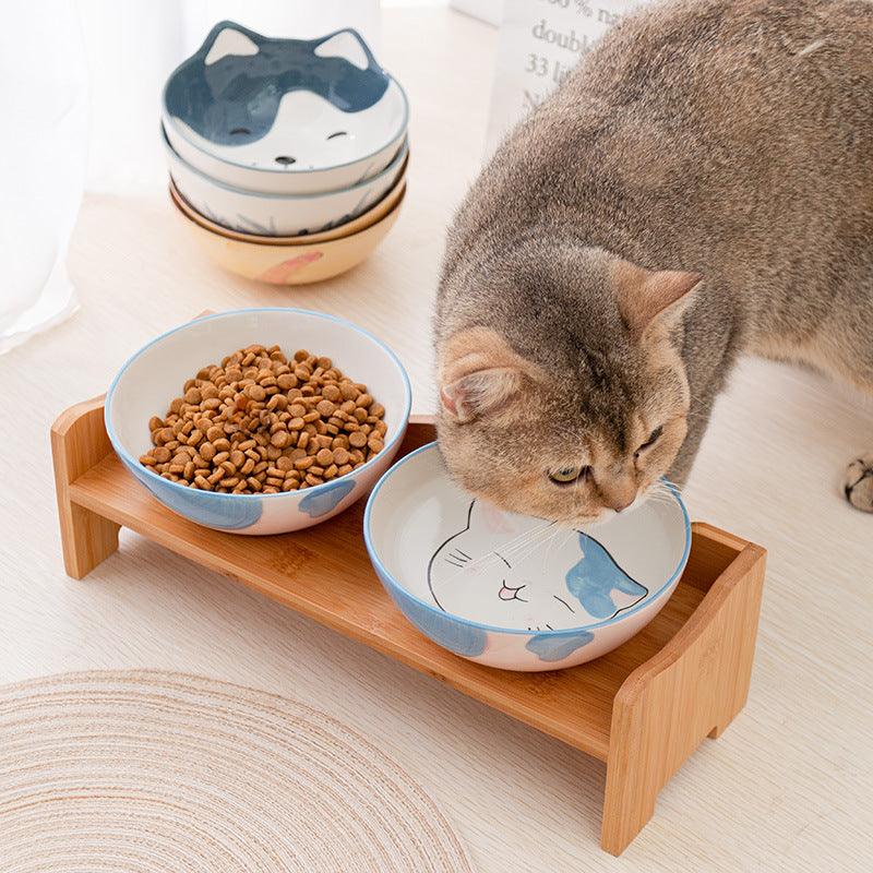 Ceramic Cat Bowl Shelf Protects The Cervical Spine, High Feet And Double Bowls - Dog Hugs Cat