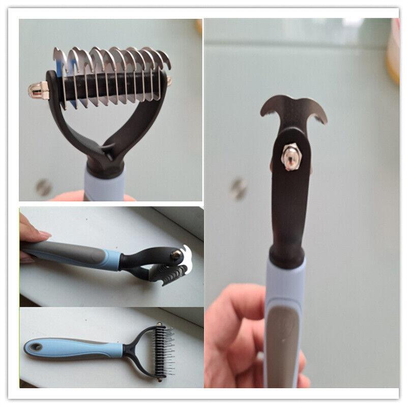 Grooming Brush For Pet Dog Cat Deshedding Tool Rake Comb Fur Remover Reduce 2-Side Dematting Tool For Dogs Cats Pets Grooming Brush Double Sided Shedding And Dematting Undercoat Rake Hair Removal Comb - Dog Hugs Cat